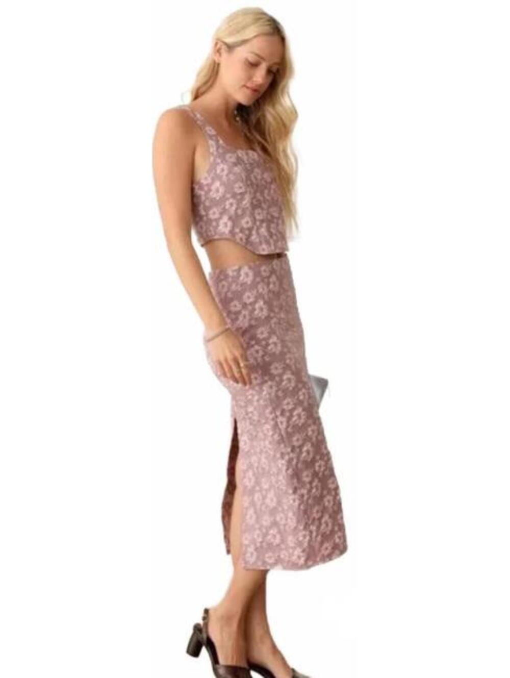 Le Lis-Mauve Floral Embroidered Corset Top Long Waist Skirt Set